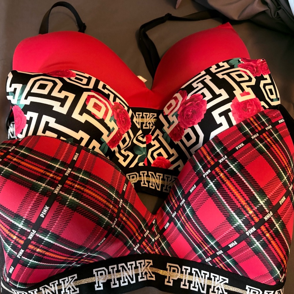 PINK Victoria's Secret Red and Black Plaid Bra Trio